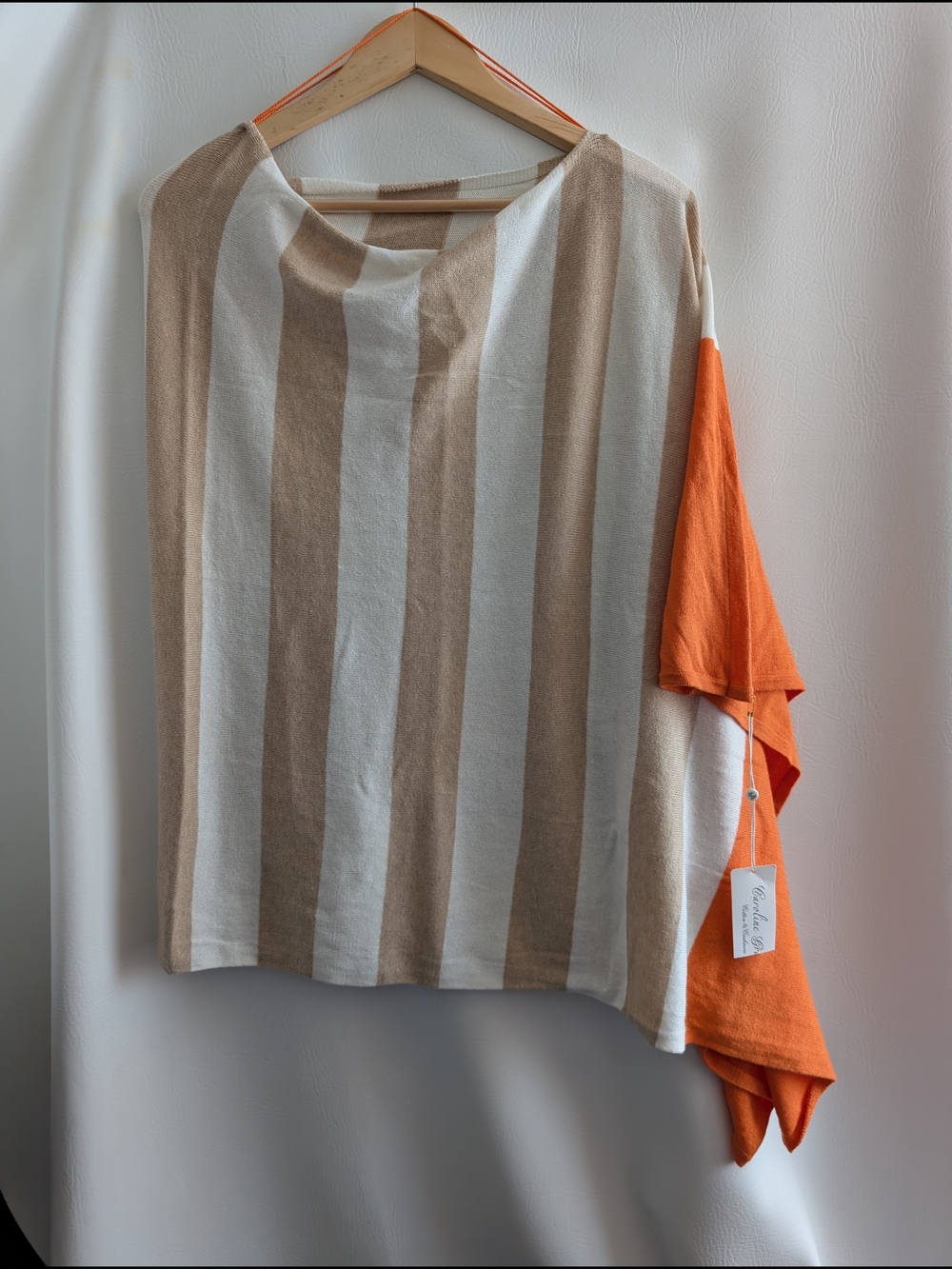 Caroline Grace Cotton Cashmere Striped Beige White Orange Topper Wrap Poncho